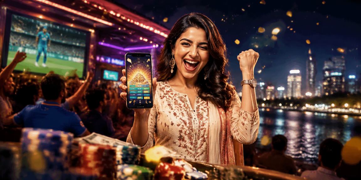 Indian woman enjoying mobile cricket betting indoors
